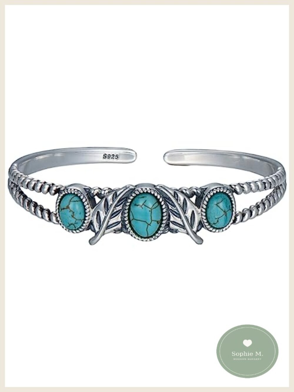 925 Sterling Silver Natural Turquoise Cuff Bracelet for Women Vintage Boho